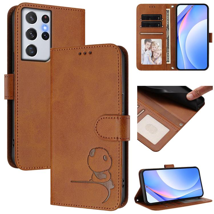 Funda de cuero con relieve RFID y cordón para Samsung Galaxy S21 Ultra 5G (marrón)