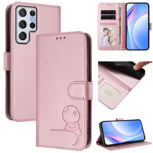 Funda de cuero RFID con estampado de panda y cordón para Samsung Galaxy S22 Ultra 5G (rosa)