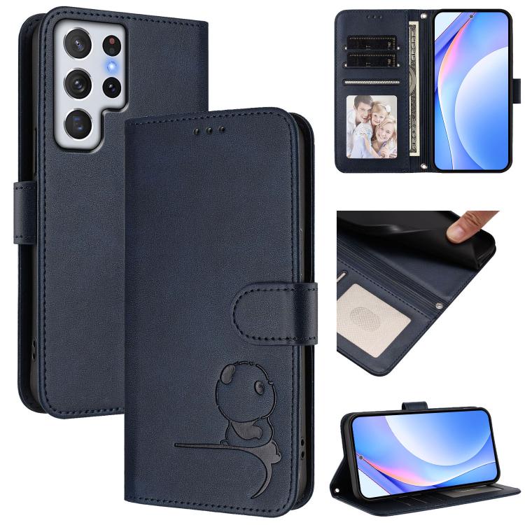 Funda de cuero RFID con estampado de panda y cordón para Samsung Galaxy S22 Ultra 5G (azul)