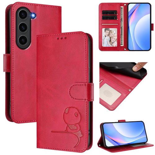 Funda de cuero RFID con estampado de panda y cordón para Samsung Galaxy S23+ 5G (rosa)