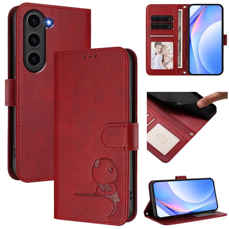 Funda de cuero RFID con estampado de panda y cordón para Samsung Galaxy S23 5G (rojo vino)