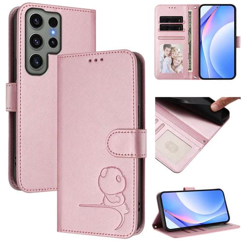 Funda de cuero RFID con estampado de panda y cordón para Samsung Galaxy S23 Ultra 5G (rosa)
