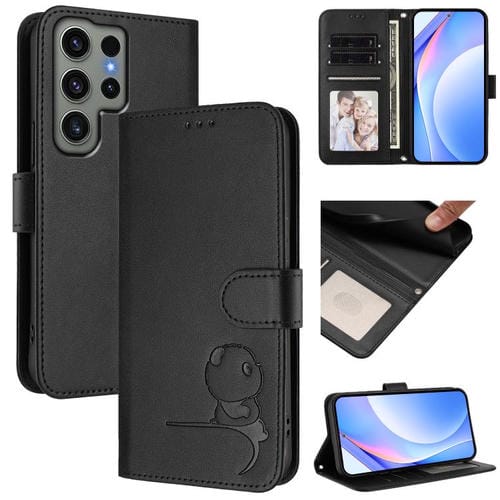 Funda de cuero RFID con estampado de panda y cordón para Samsung Galaxy S23 Ultra 5G (negro)