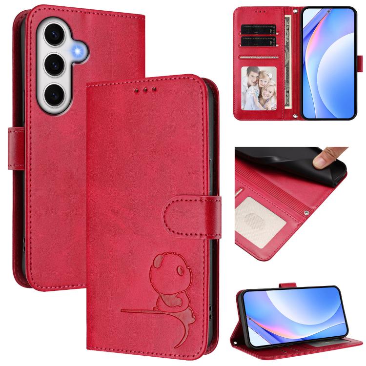 Funda de cuero RFID con estampado de panda para Samsung Galaxy S24 FE 5G con cordón (rosa)