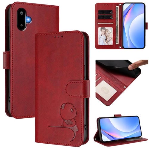 Funda de cuero RFID con estampado de panda y cordón para Samsung Galaxy F06 5G / M06 5G (rojo vino)