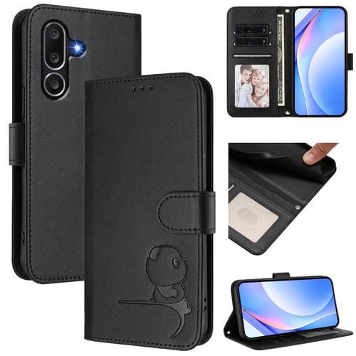 Funda de cuero RFID con estampado de panda y cordón para Samsung Galaxy M56 5G (negro)