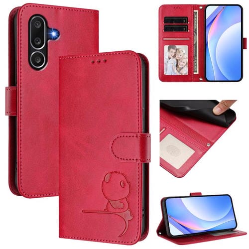 Funda de cuero RFID con estampado de panda y cordón para Samsung Galaxy M56 5G (rosa)