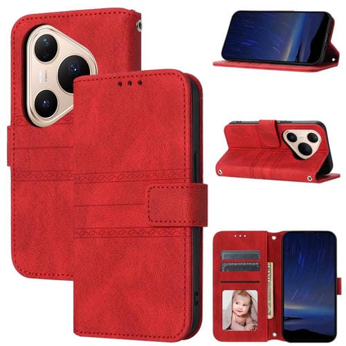 Funda de cuero con textura de piel y rayas en relieve para Huawei Pura 80 Pro 5G / 80 Pro+ 5G (roja)