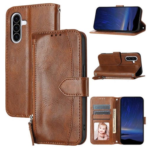 Funda de cuero con cremallera y diseño de cartera para Samsung Galaxy A17 5G / A26 5G (marrón)