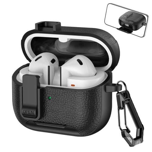 Funda de cuero con textura para auriculares inalámbricos Samsung Galaxy Buds 3/Buds 3 Pro, con gancho y soporte (negro)