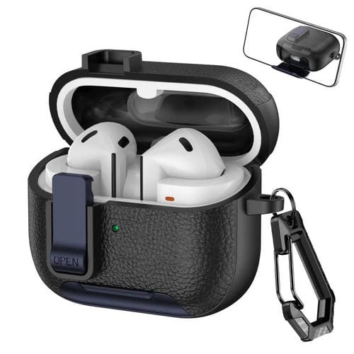Funda de cuero con textura para auriculares inalámbricos Samsung Galaxy Buds 3/Buds 3 Pro, con gancho y soporte (negro y azul oscuro)