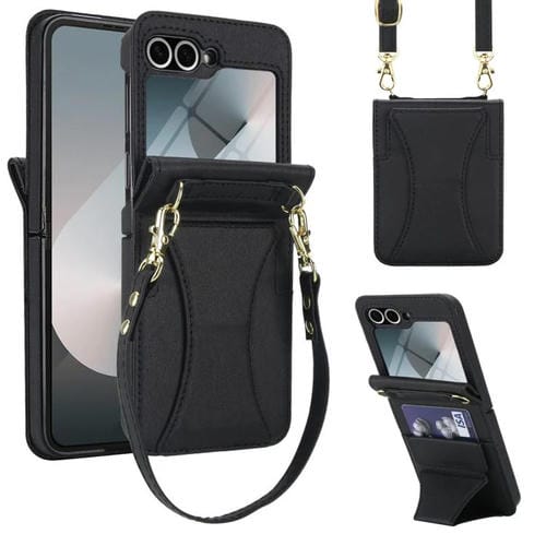 Funda para Samsung Galaxy Z Flip5 con ranura para tarjetas y soporte plegable integrado, con cordón largo y corto (negro)