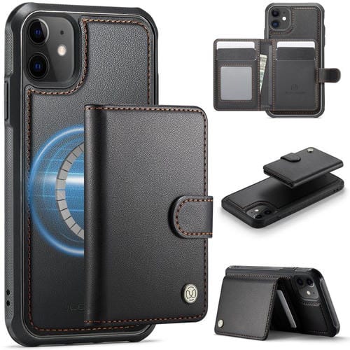 JEEHOOD J09 - Funda de cuero con hebilla para iPhone 12/12 Pro, estilo magnético, RFID, MagSafe (negro)
