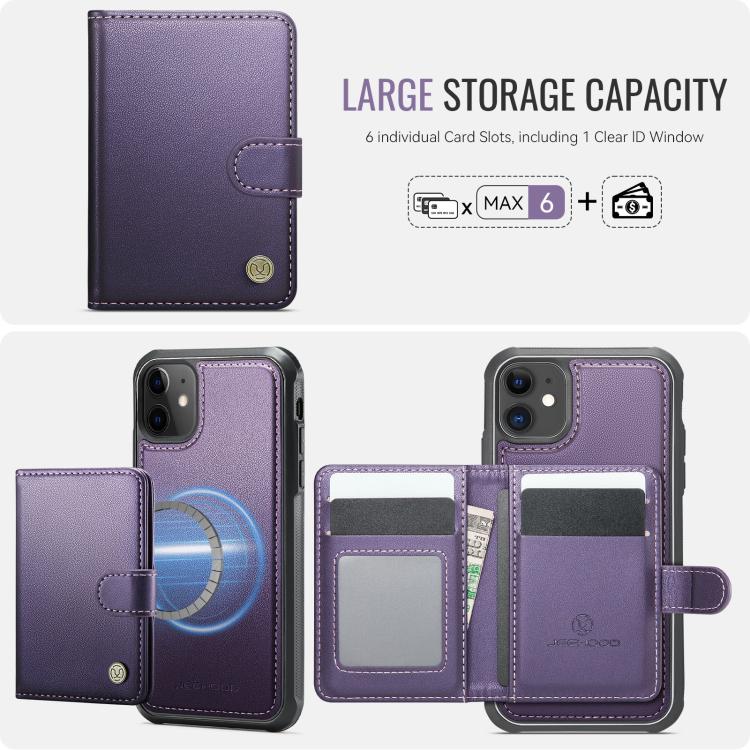 Funda de cuero con hebilla magnética para iPhone 11 JEEHOOD J09, estilo RFID, con tarjetero MagSafe (morado)