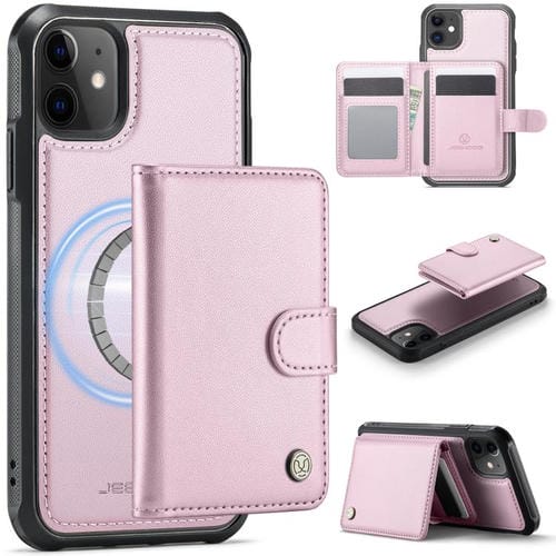 JEEHOOD J09 - Funda de cuero con hebilla para iPhone 11, estilo magnético, RFID, MagSafe (rosa)