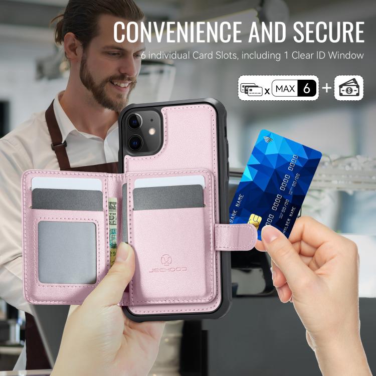 JEEHOOD J09 - Funda de cuero con hebilla para iPhone 11, estilo magnético, RFID, MagSafe (rosa)