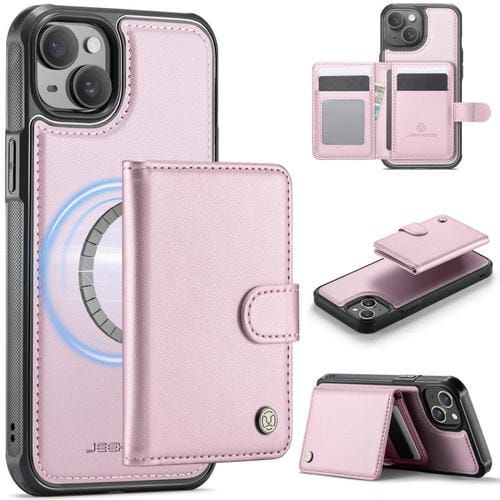 Funda de cuero con hebilla magnética para iPhone 14 JEEHOOD J09, estilo RFID, MagSafe (rosa)
