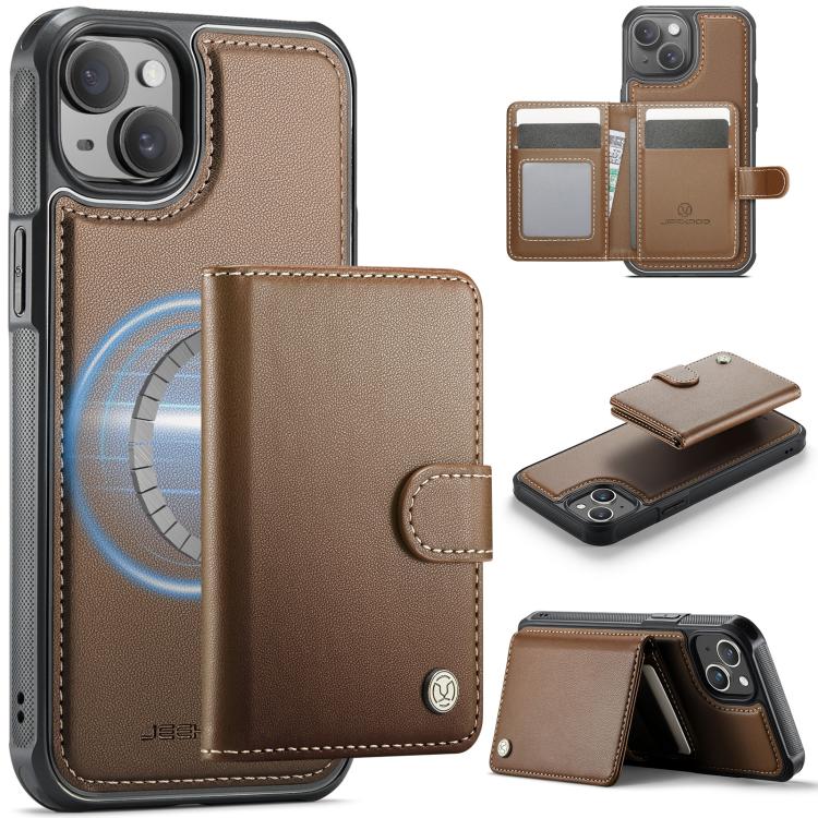 Funda de cuero con hebilla magnética para iPhone 14 JEEHOOD J09, con RFID y MagSafe (marrón)