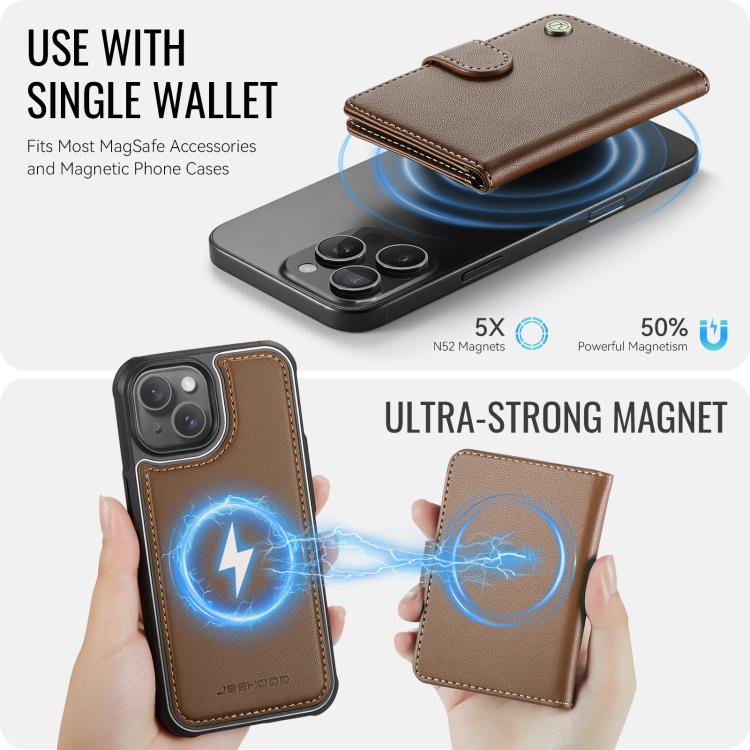 Funda de cuero con hebilla magnética para iPhone 14 JEEHOOD J09, con RFID y MagSafe (marrón)