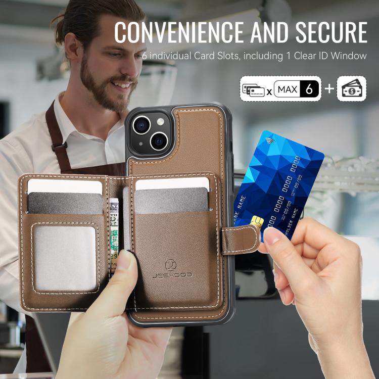 Funda de cuero con hebilla magnética para iPhone 14 JEEHOOD J09, con RFID y MagSafe (marrón)