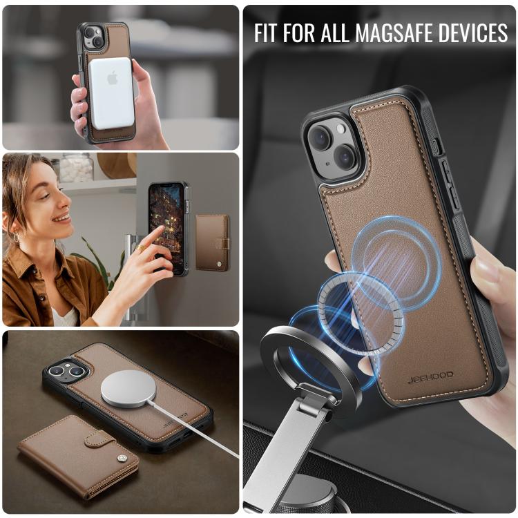 Funda de cuero con hebilla magnética para iPhone 14 JEEHOOD J09, con RFID y MagSafe (marrón)