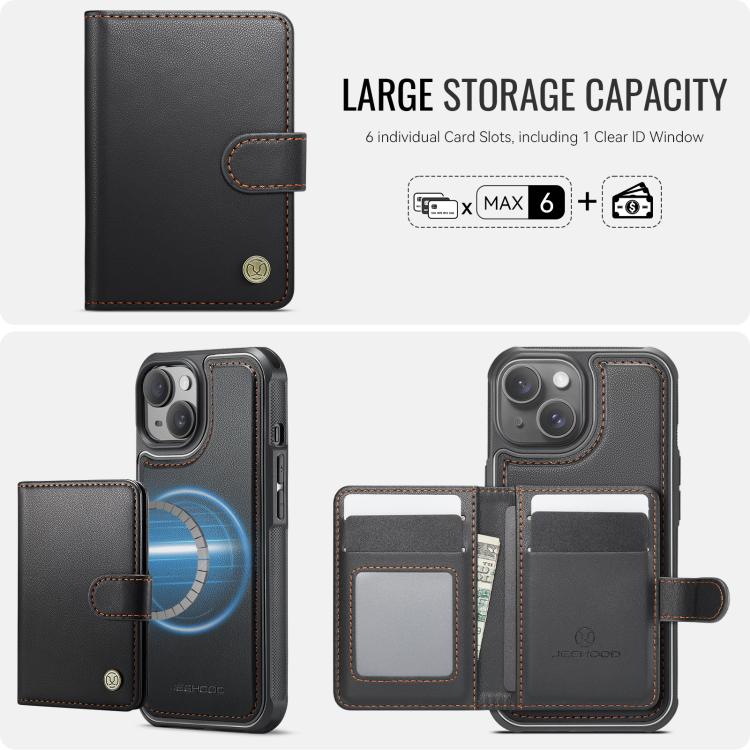 Funda de cuero con hebilla magnética para iPhone 14 JEEHOOD J09, con ranuras para tarjetas, estilo RFID y MagSafe (negro)