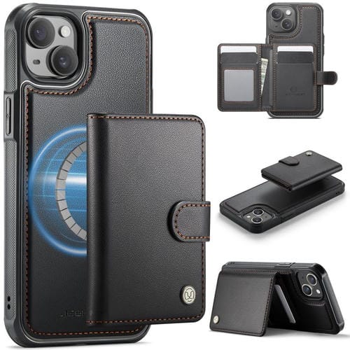 JEEHOOD J09 - Funda de cuero con hebilla para iPhone 15 Plus/14 Plus, estilo magnético, RFID, MagSafe (negro)