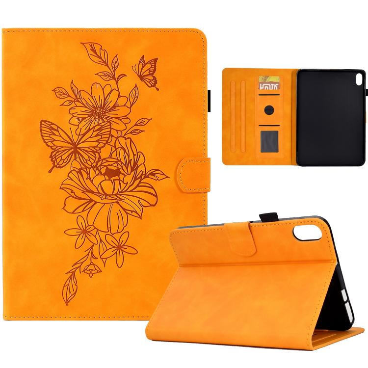 Funda de cuero con relieve de mariposa y peonía para Xiaomi Redmi Pad 2 (caqui)