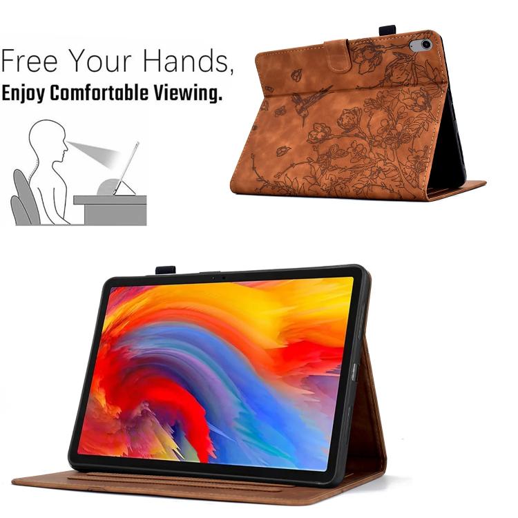 Funda de cuero inteligente con estampado de flores y pájaros para Xiaomi Redmi Pad 2 (marrón)