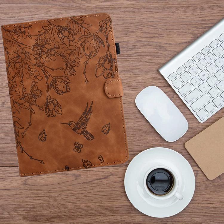 Funda de cuero inteligente con estampado de flores y pájaros para Xiaomi Redmi Pad 2 (marrón)