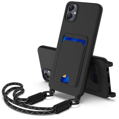 Funda de silicona líquida de color sólido para Samsung Galaxy A05/M05/F05 4G con tarjetero integrado y cordón corto (negro)