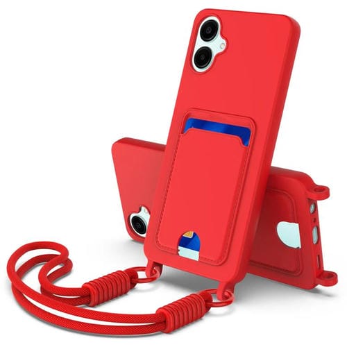 Funda de silicona líquida de color sólido para Samsung Galaxy A06 4G con tarjetero integrado (Gen2) y cordón corto (rojo)