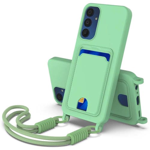 Funda de silicona líquida de color sólido para Samsung Galaxy A15 4G/5G (Gen2) con tarjetero integrado y cordón corto (verde)