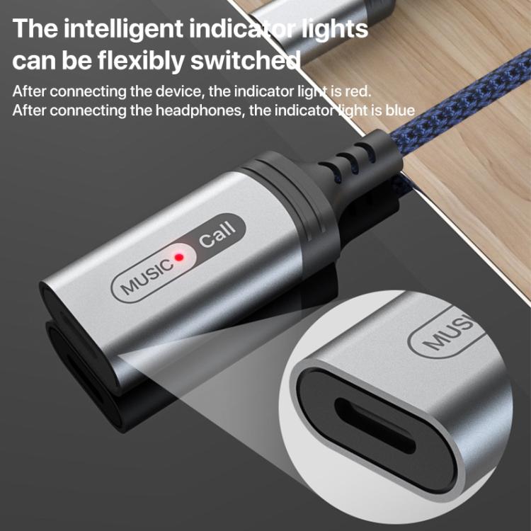 Adaptador de audio para auriculares MH-306 USB-C/Tipo C a 8 pines con luz indicadora (azul grisáceo)