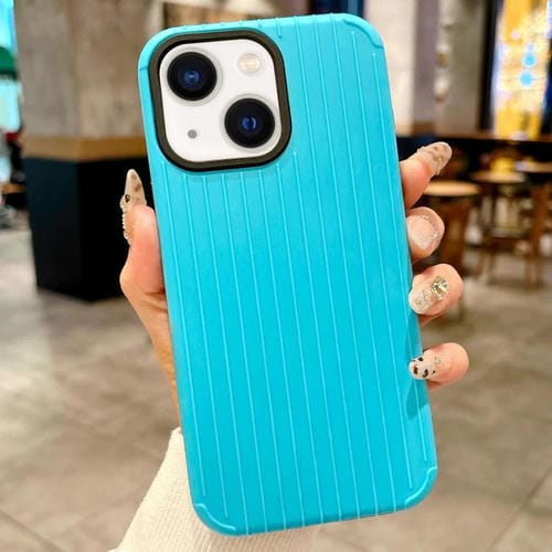 Funda MagSafe de cobertura total para iPhone 14 con diseño inspirado en equipaje (azul claro)