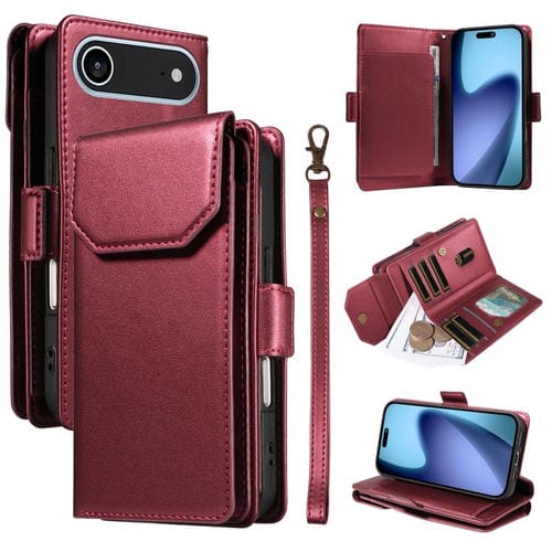 Funda de cuero con múltiples tarjetas y correa para iPhone 17 Air (roja)