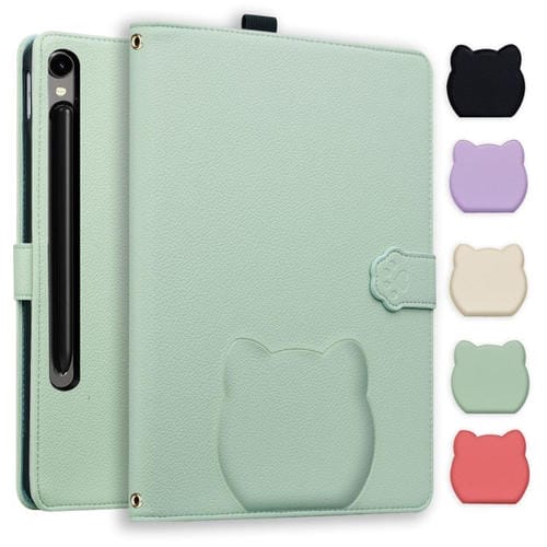 Funda de piel de lichi con tacto de gato para Samsung Galaxy Tab S10/S9/S9 FE (verde)