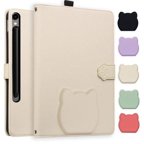 Funda inteligente de piel de lichi con tacto de gato para Samsung Galaxy Tab S10/S9/S9 FE (blanco albaricoque)