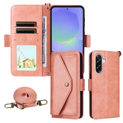 Funda de piel de vacuno cruzada con ranuras para múltiples tarjetas para Samsung Galaxy A36 5G (rosa)