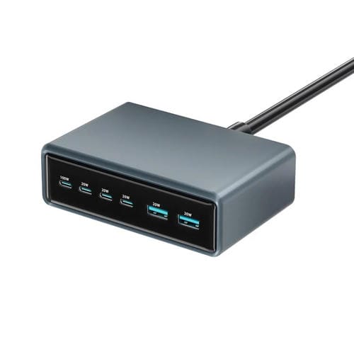 Cargador rápido de escritorio multifunción GaN de 6 puertos, 200 W, 4 USB-C/Tipo C y 2 USB-A, enchufe australiano (gris plateado)
