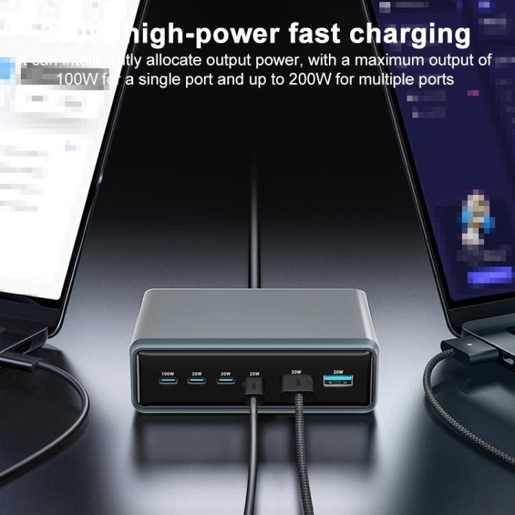 Cargador rápido de escritorio multifunción GaN de 6 puertos, 200 W, 4 USB-C/Tipo C y 2 USB-A, enchufe UE (amarillo)