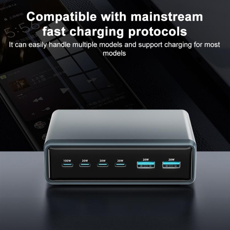 Cargador rápido de escritorio multifunción GaN de 200 W, 4 puertos USB-C/Tipo-C y 2 puertos USB-A, enchufe: UE (gris plateado)