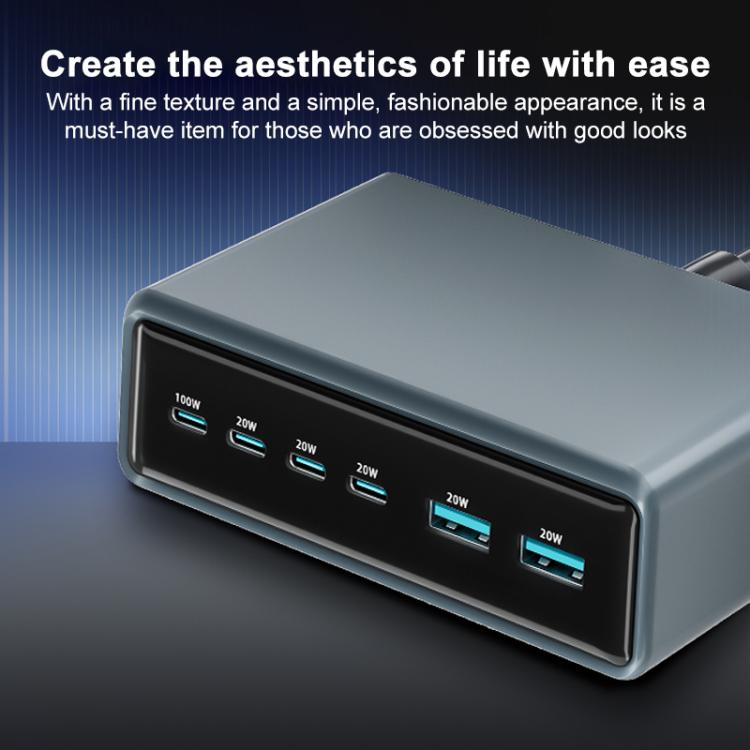 Cargador rápido de escritorio multifunción GaN de 6 puertos, 200 W, 4 USB-C/Tipo C y 2 USB-A. Enchufe: Reino Unido (amarillo).