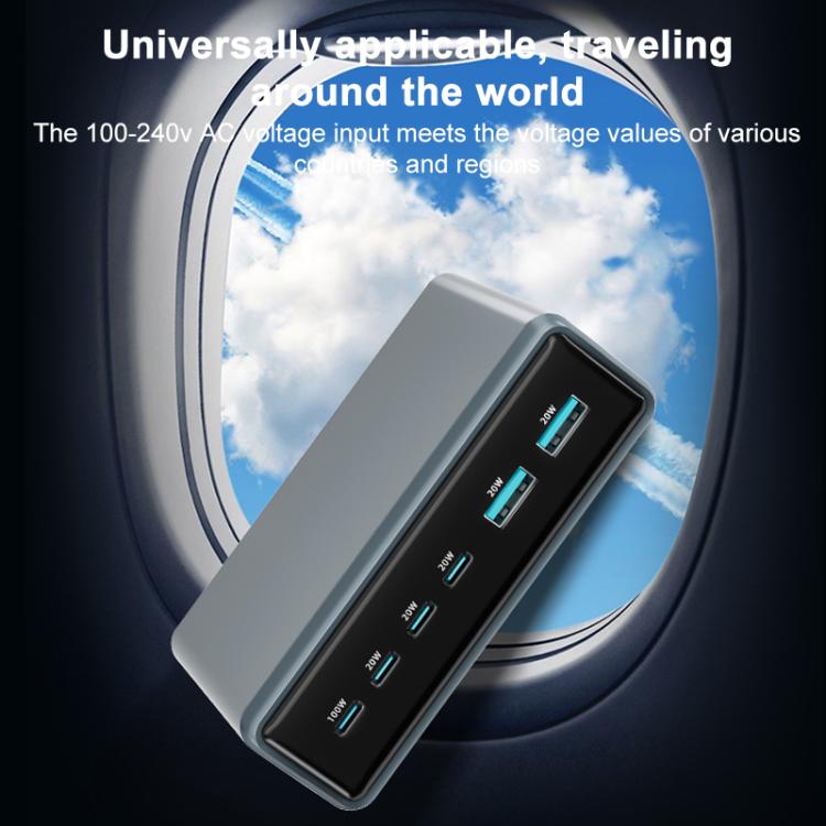 Cargador rápido de escritorio multifunción GaN de 6 puertos, 200 W, 4 USB-C/Tipo-C y 2 USB-A, enchufe estadounidense (gris plateado)