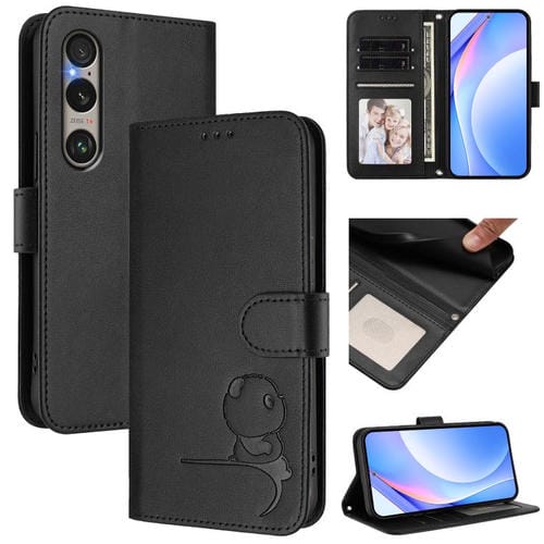 Funda de cuero con relieve RFID y cordón para Sony Xperia 1 VI (negro)