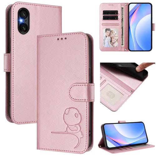 Funda de cuero con relieve RFID y cordón para Sony Xperia 5 VI (rosa)
