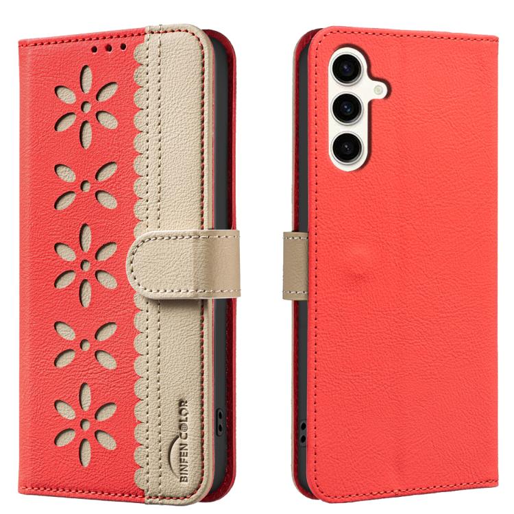 Funda de cuero RFID con estampado floral hueco para Samsung Galaxy M36 5G (rojo)