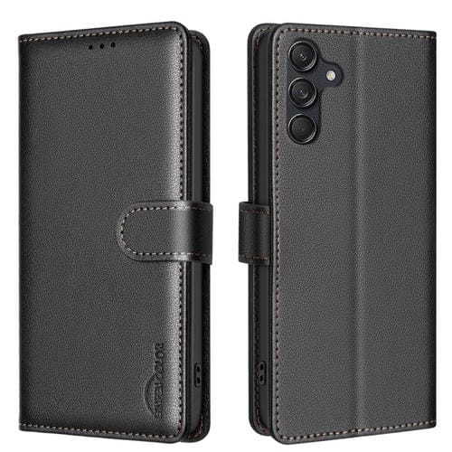 Funda de cuero antirrobo RFID con textura Litchi para Samsung Galaxy S25 FE 5G (negra)