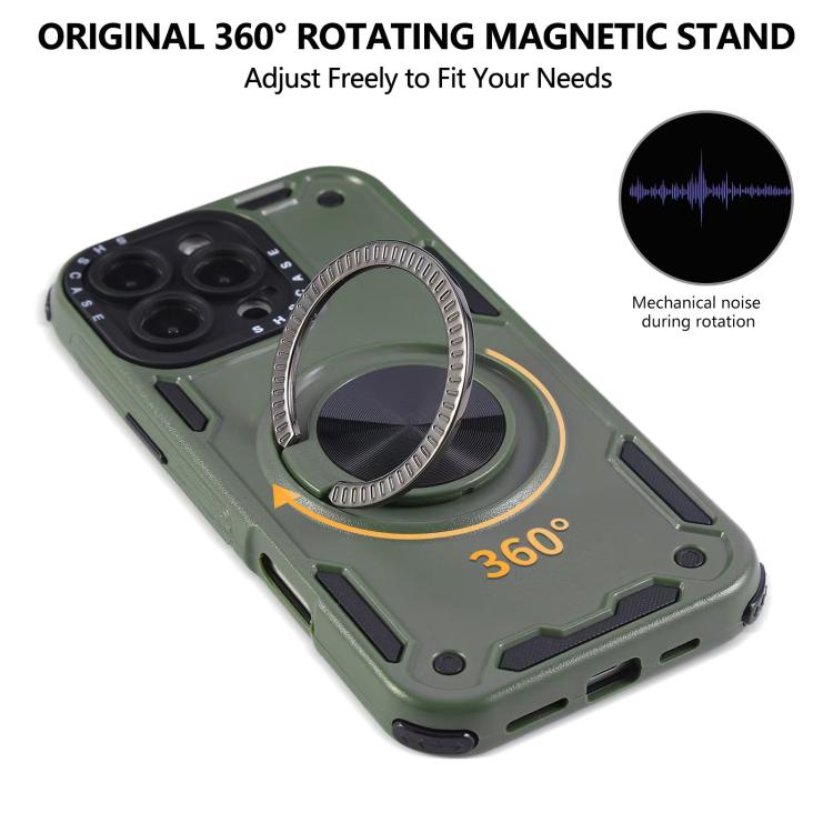 Funda magnética de tres núcleos con rotación de 360 grados para iPhone 15 (verde militar)
