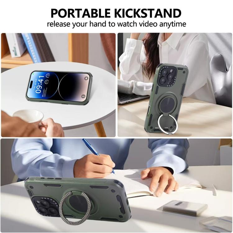 Funda magnética de tres núcleos con rotación de 360 grados para iPhone 16 (verde militar)